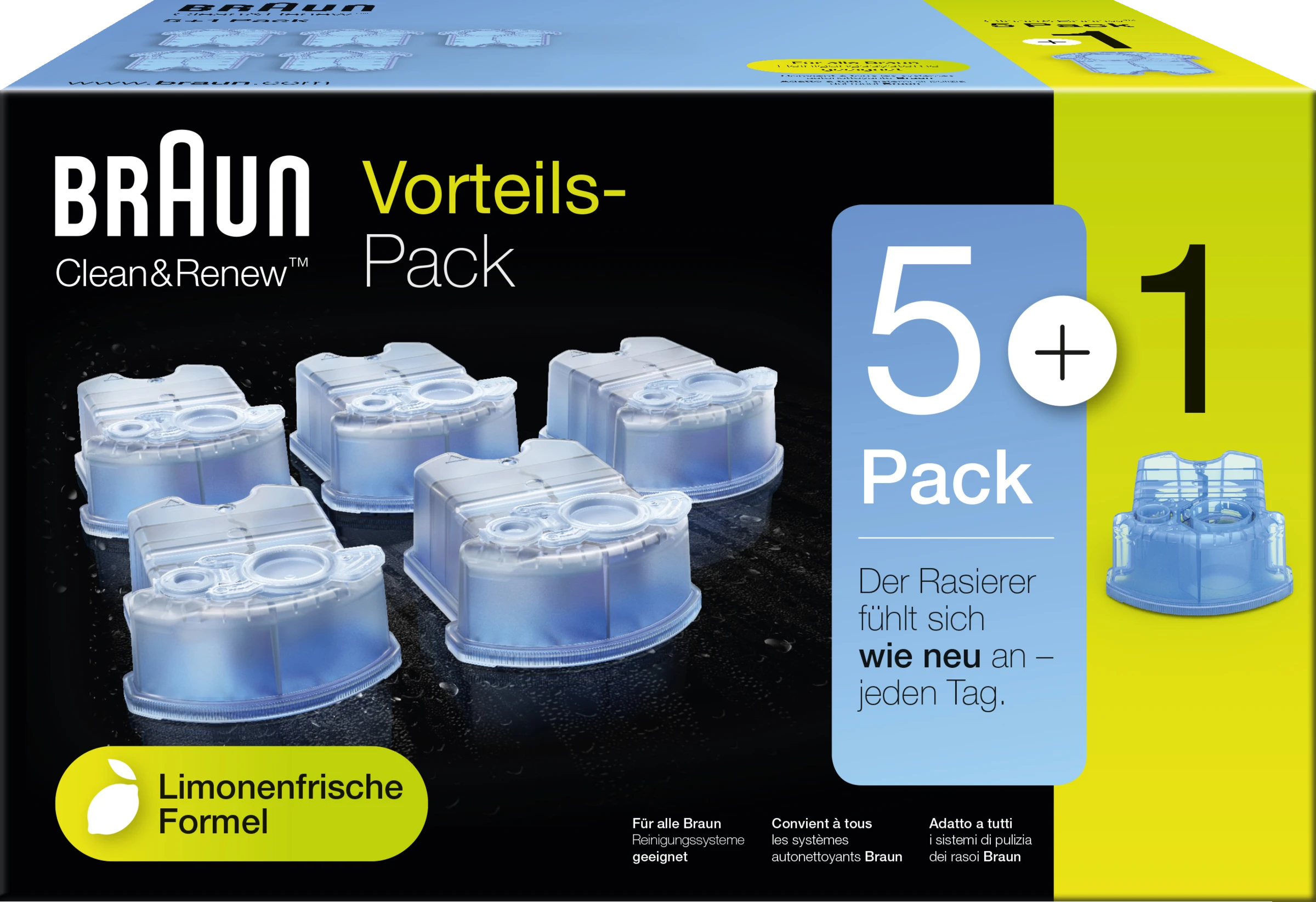 Braun Clean & Renew Reinigungskartuschen Lemon Fresh, Promo-Pack 5+1