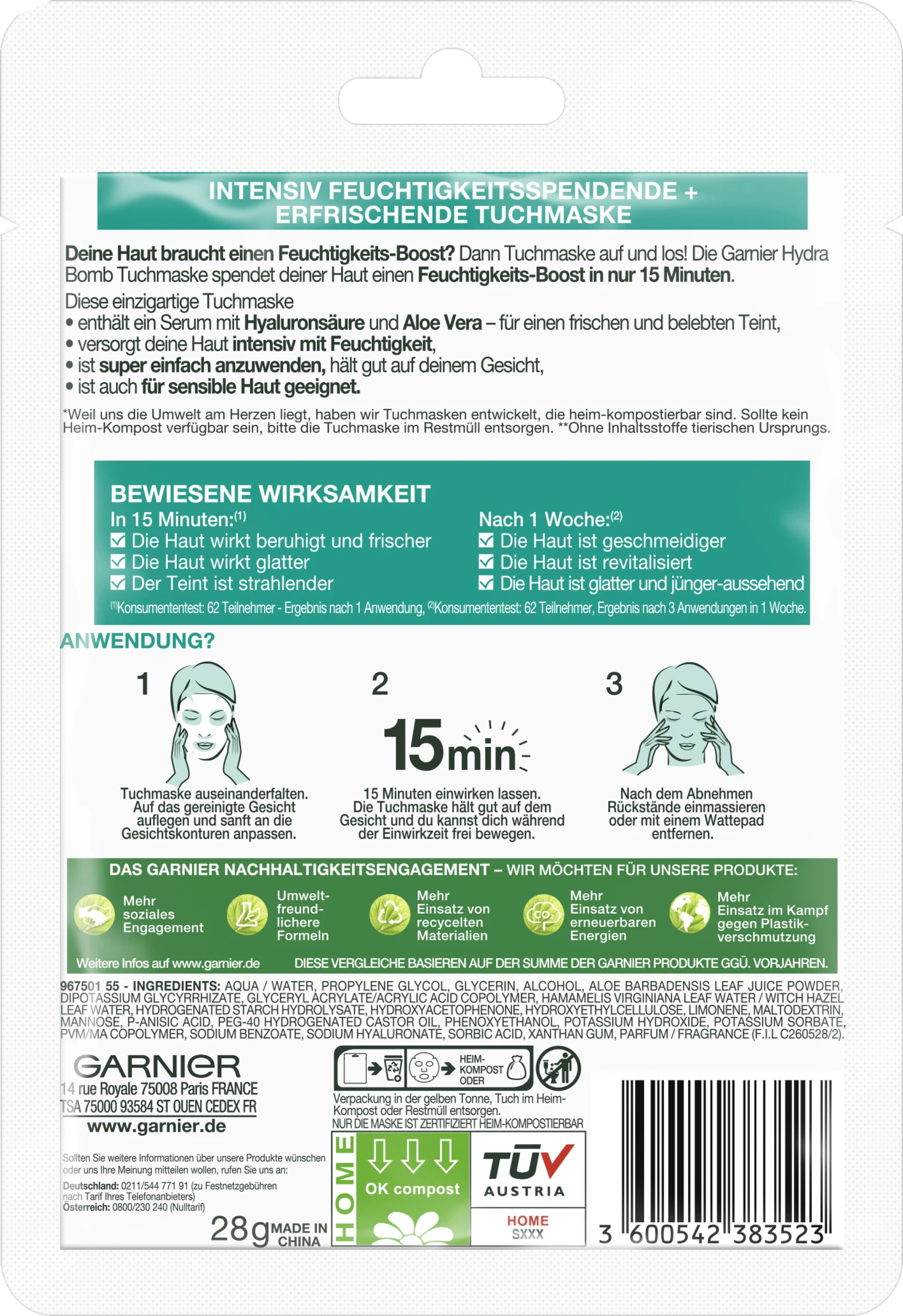 Garnier SkinActive Hydra Bomb Tuchmaske Intensiv Feuchtigkeitsspendend + Erfrischend - Image 2