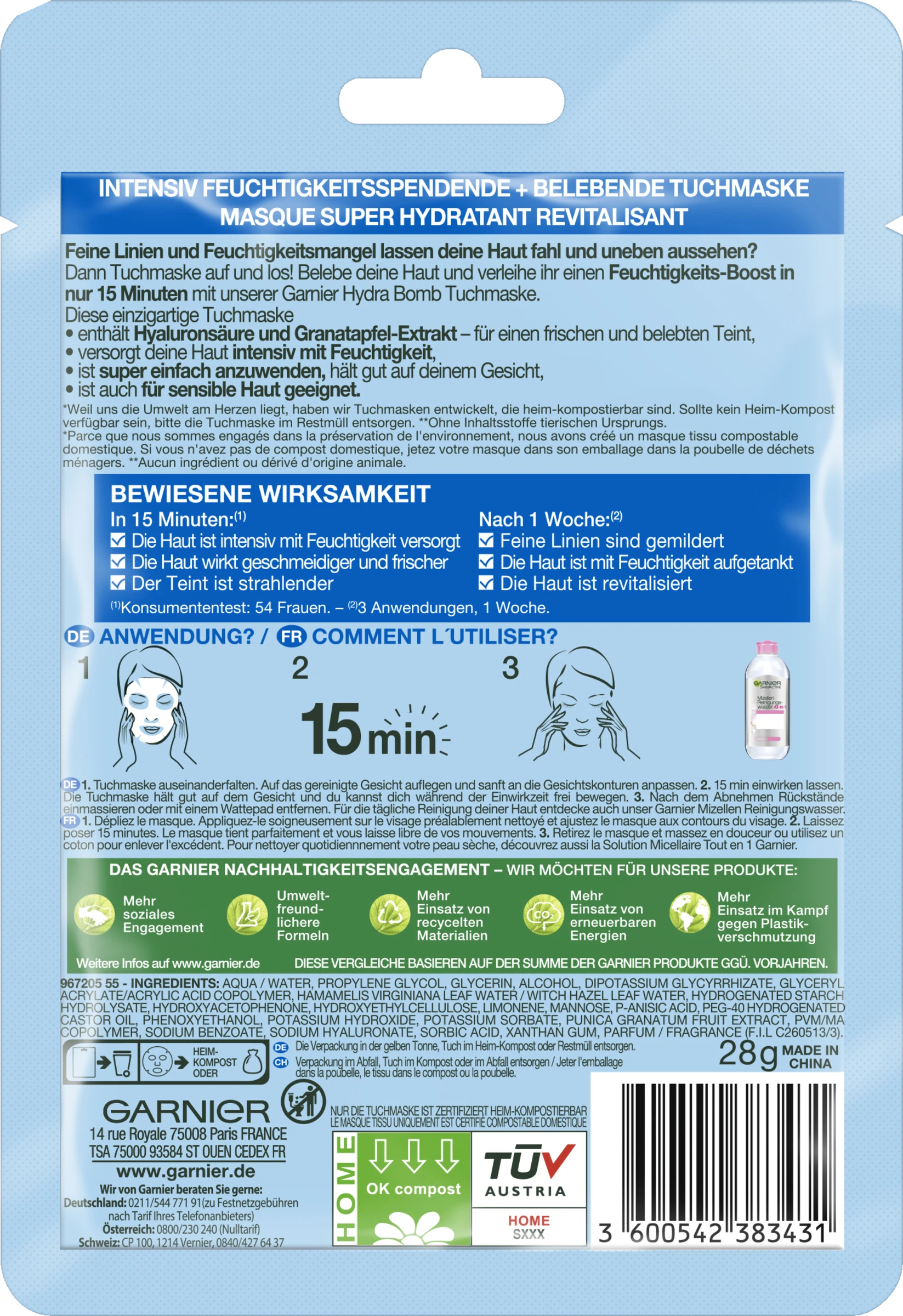 Garnier SkinActive Hydro Bomb Tuchmaske Intensiv Feuchtigkeitsspendend + Revitalisierend - Image 2